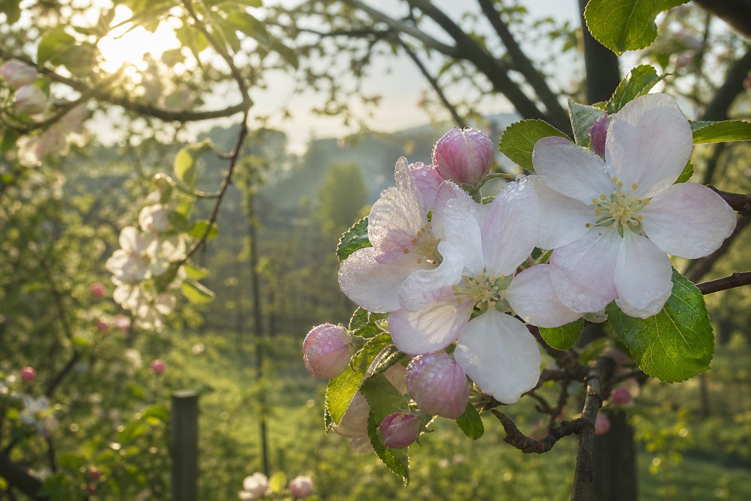Morgenlicht zwischen Apfelblüten