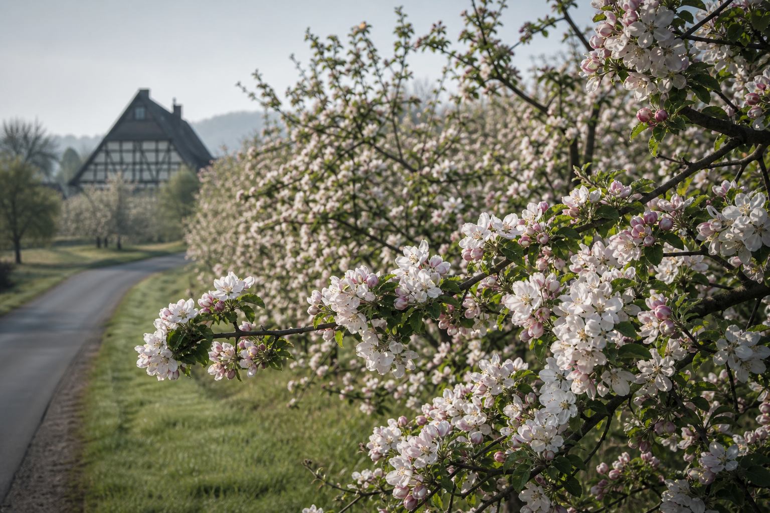 Blühende Apfelreihen entlang einer Landstraße