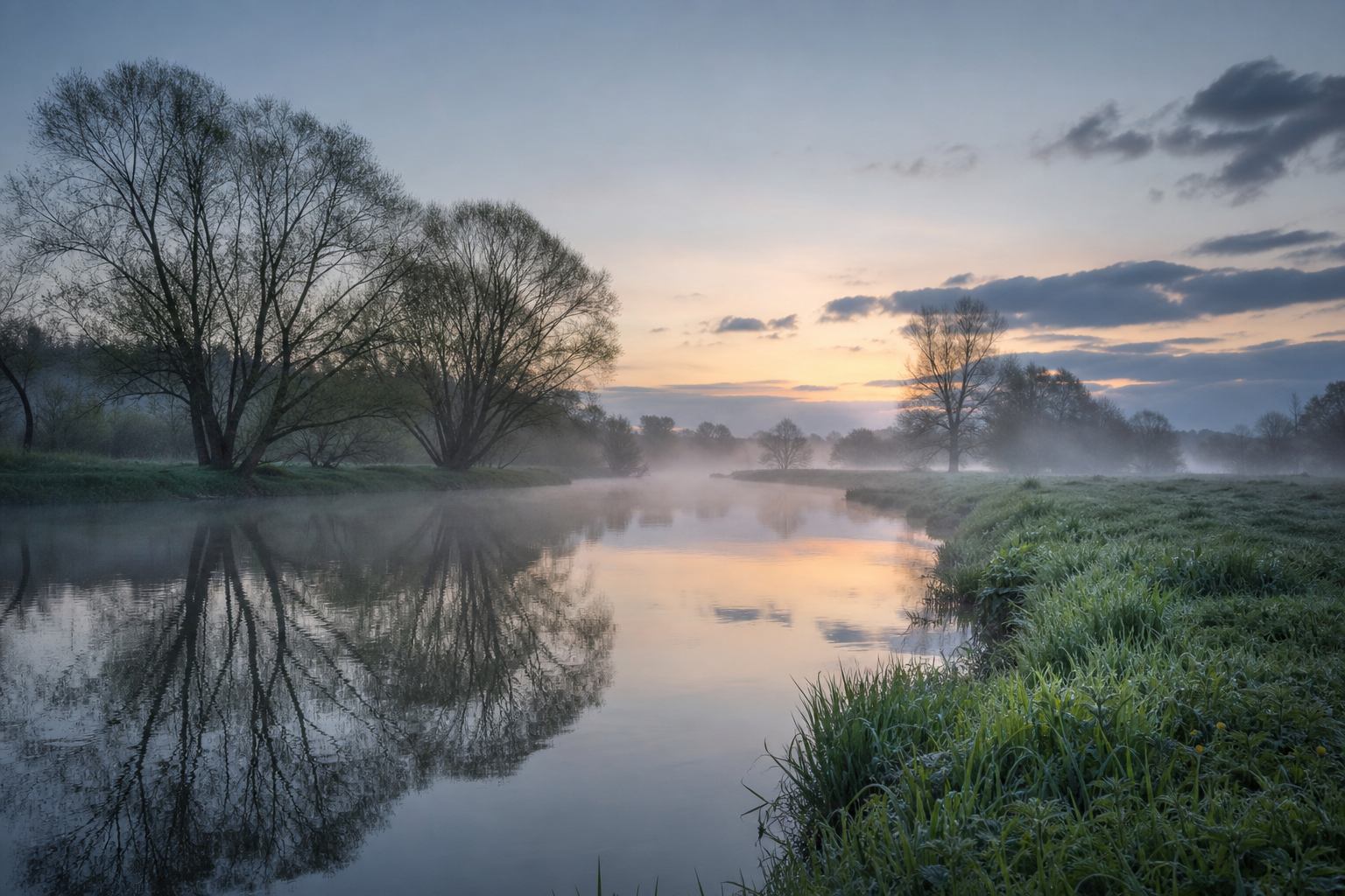 Morgennebel über einer Flussaue